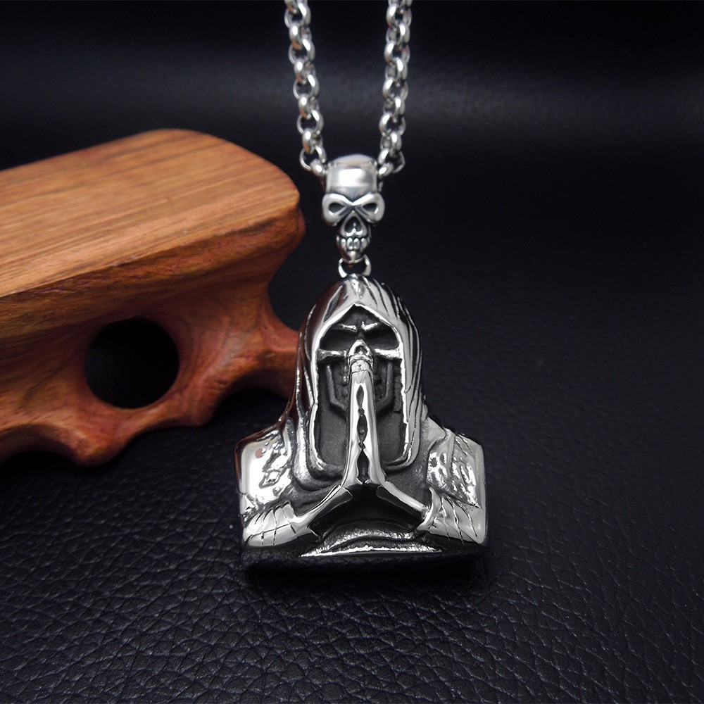 Stainless Steel Grim Reaper Skull Pendant Gothic Biker Silver Necklace Charm