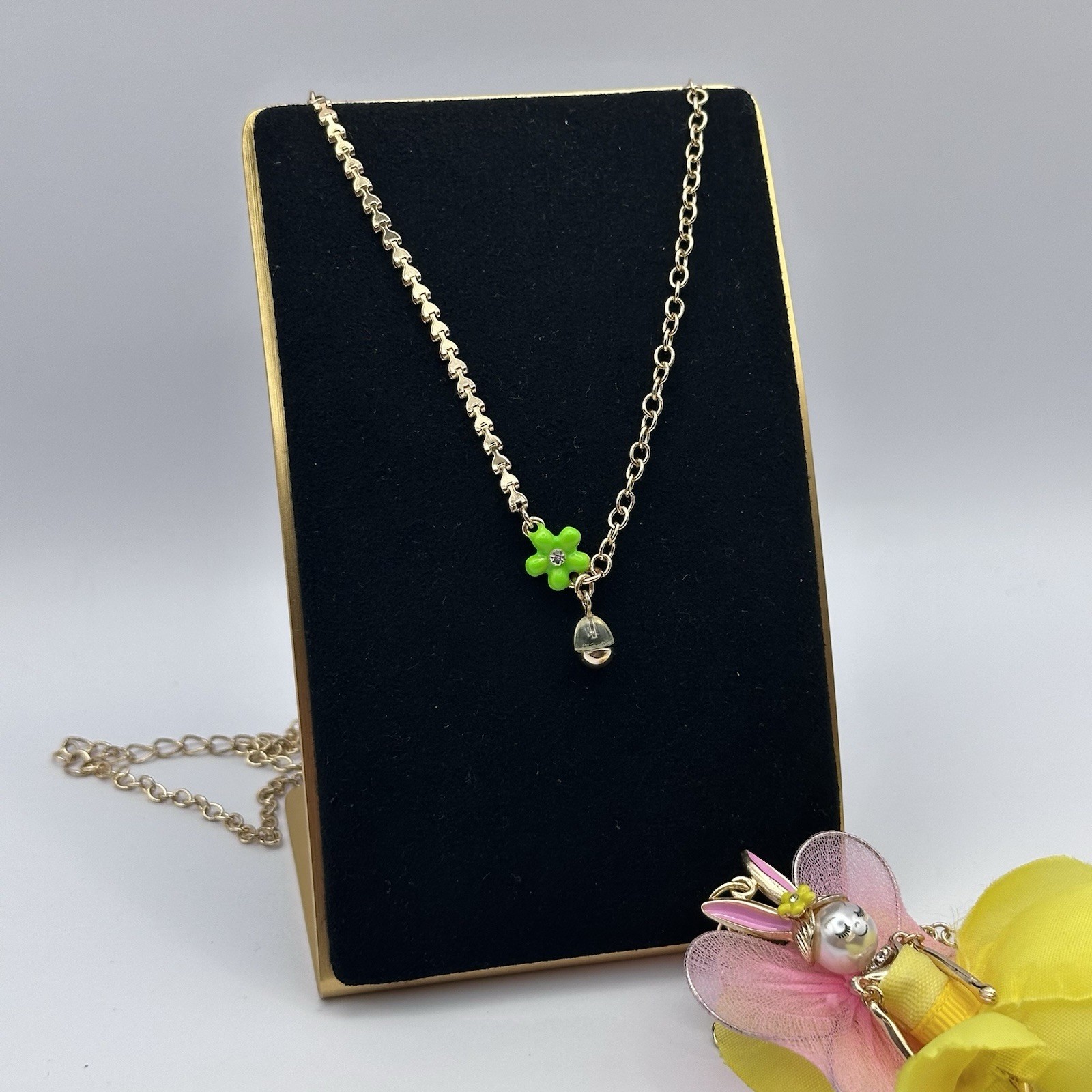 Betsey Johnson Fairy Bunny Necklace Yellow Pink Wings Gold Tone Long Pendant