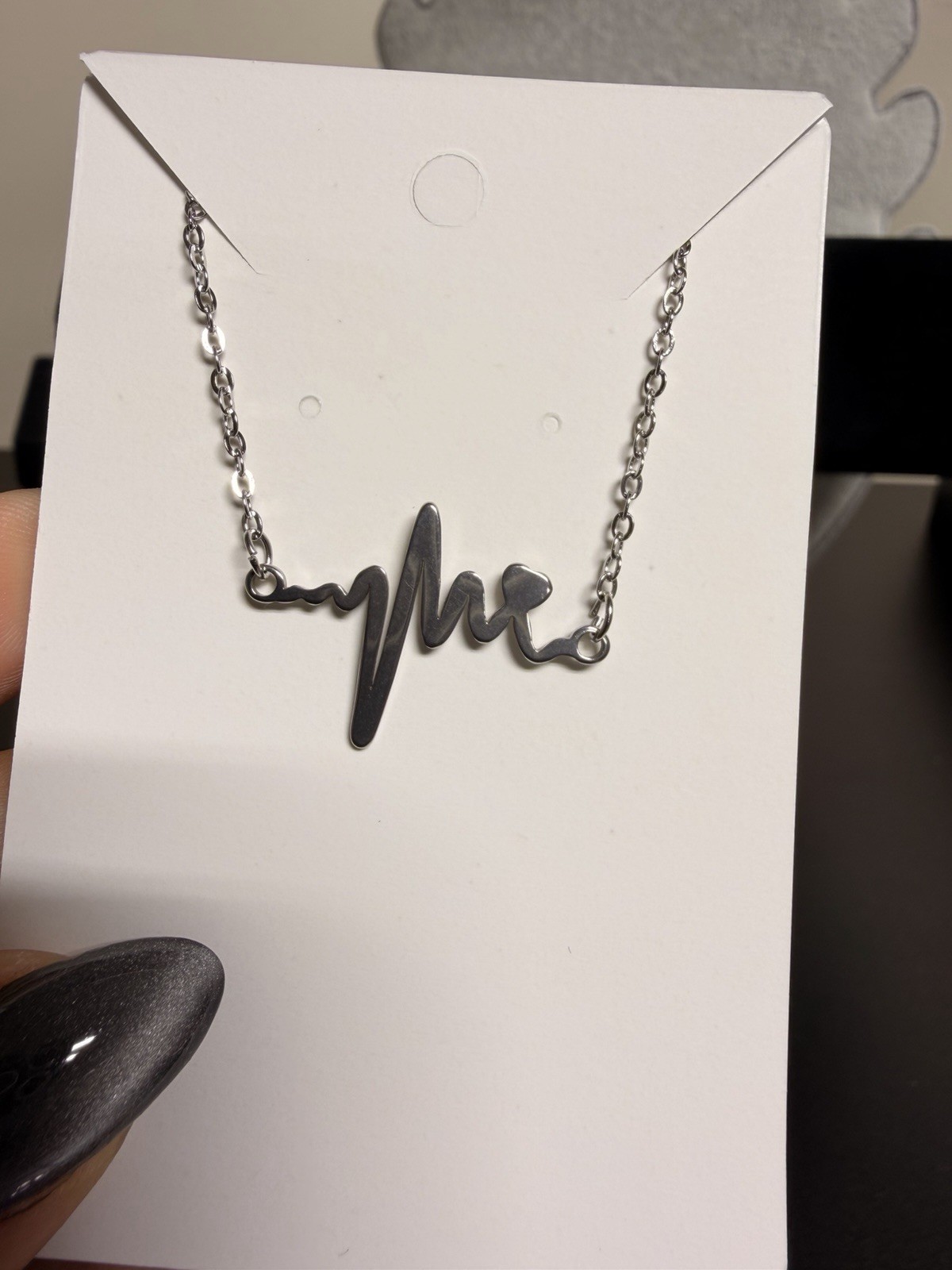 White Gold Plated Heartbeat Love Bar Pendant Cable Chain Necklace