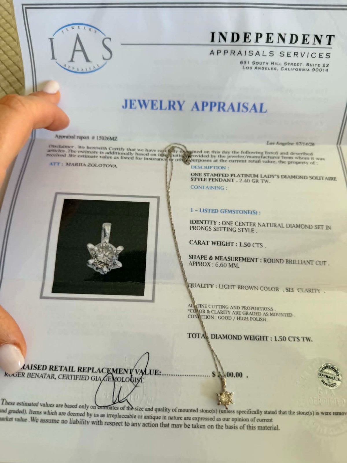 1.5 CT Natural Diamond Solitaire Pendant Necklace Pt1000 Platinum / Certificate