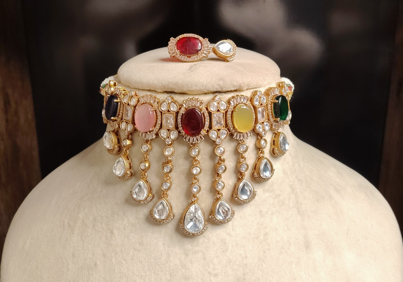 Areej Multicolor Kundan Choker with Teardrop Dangling Stones Roz Jewellers.
