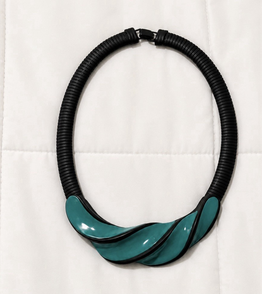 Black Beaded Statement Necklace Green Asymmetrical Pendant Plastic