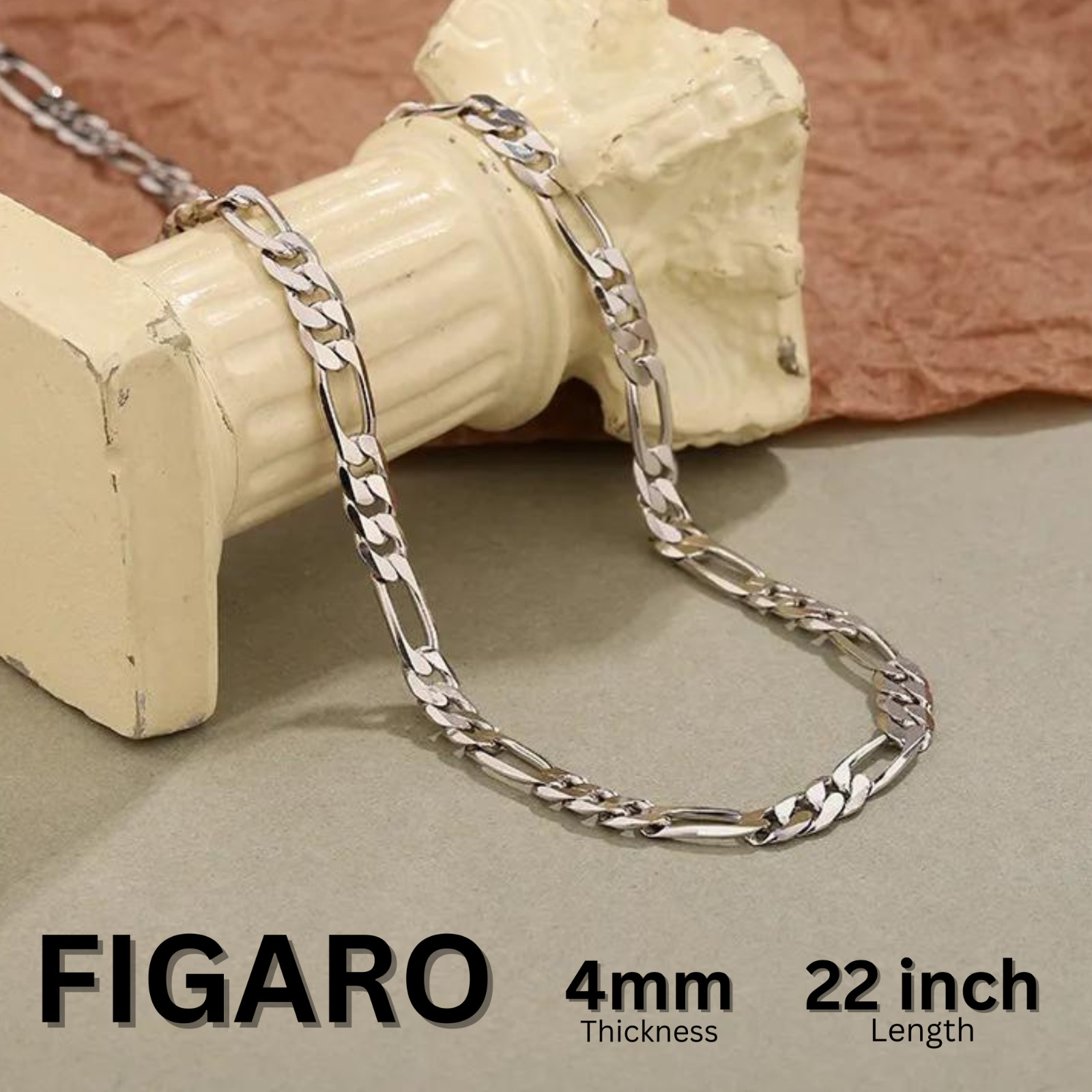 Stainless Steel Figaro Link Chain Necklace Boys Mens Sizes Silver Plated