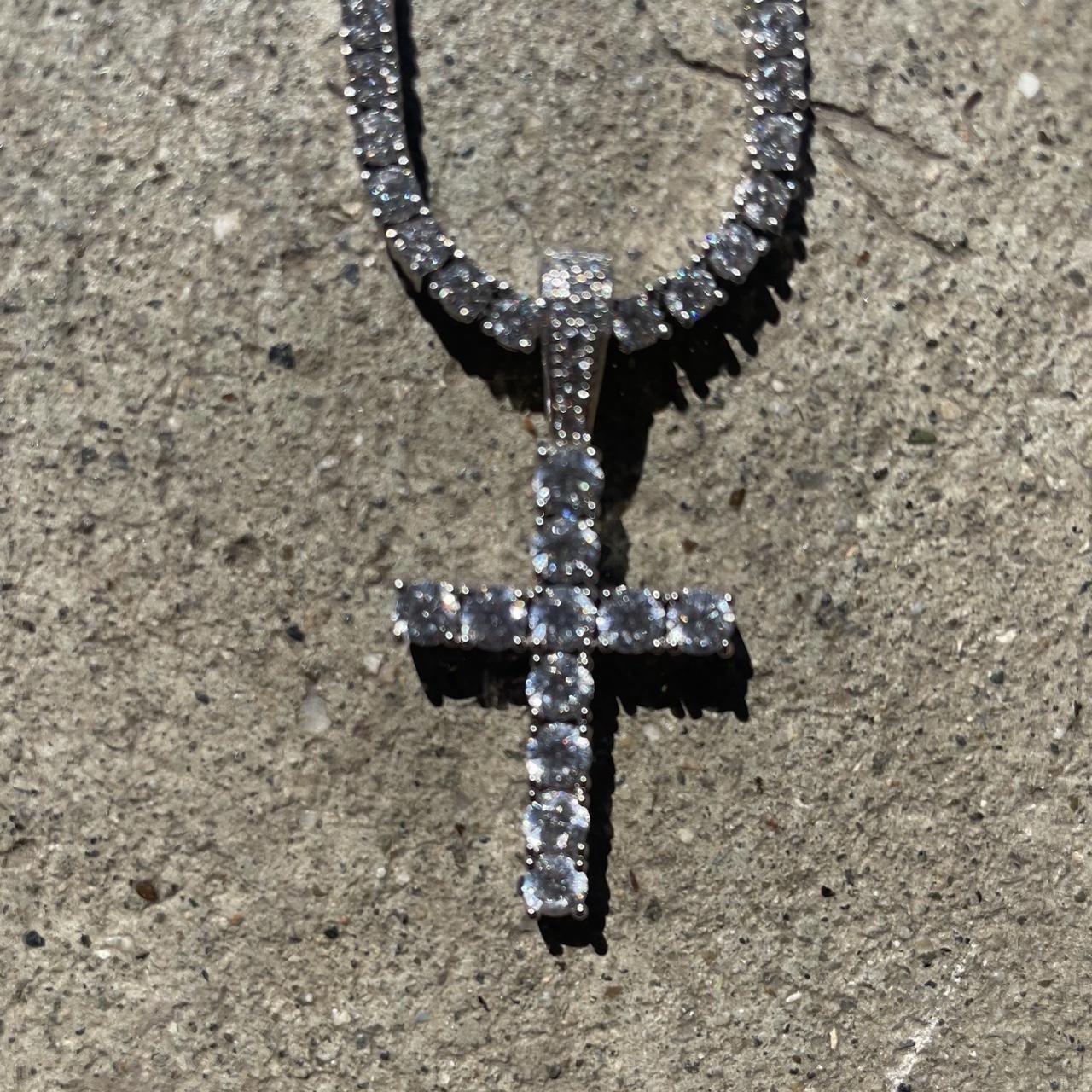 Silver Tennis Chain Necklace CZ Cross Pendant Box Clasp Prong Set White