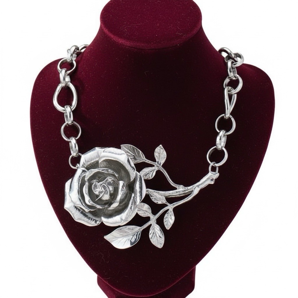 Zara Rose Flower Necklace Choker Chunky Silver Boho Statement Chain Retro VTG