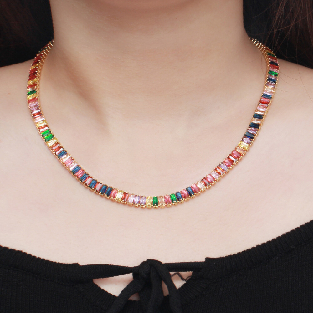Colorful Rainbow Cubic Zirconia Tennis Necklace Gold Plated Women Bridal Jewelry