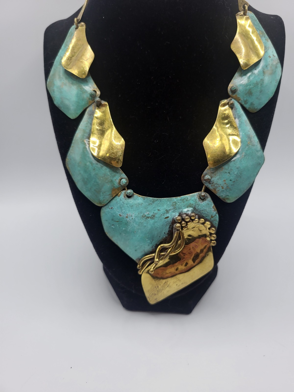 Signed Artisanal Mixed-Metal Bib Necklace Textured Verdigris Patina Gold Tone