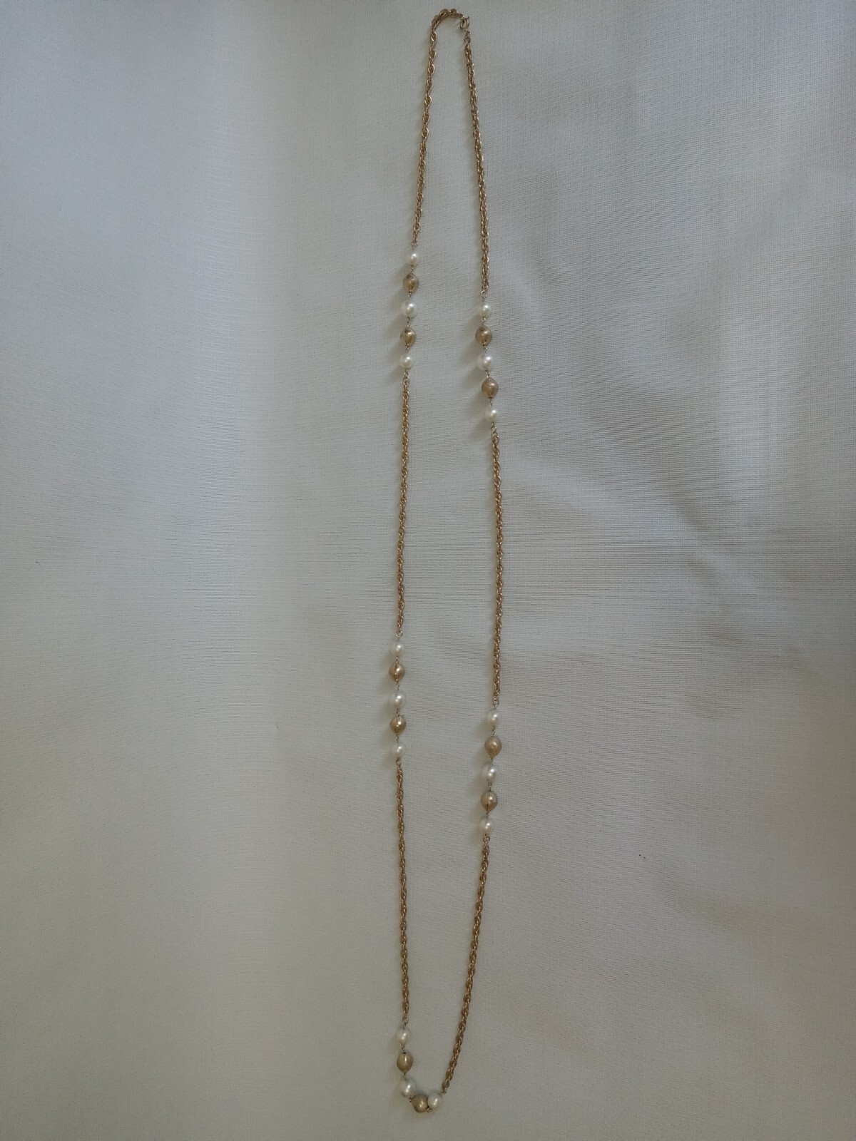 Metal and Plastic Faux Pearl Beaded Gold Toned Long Length Rope Chain Necklace