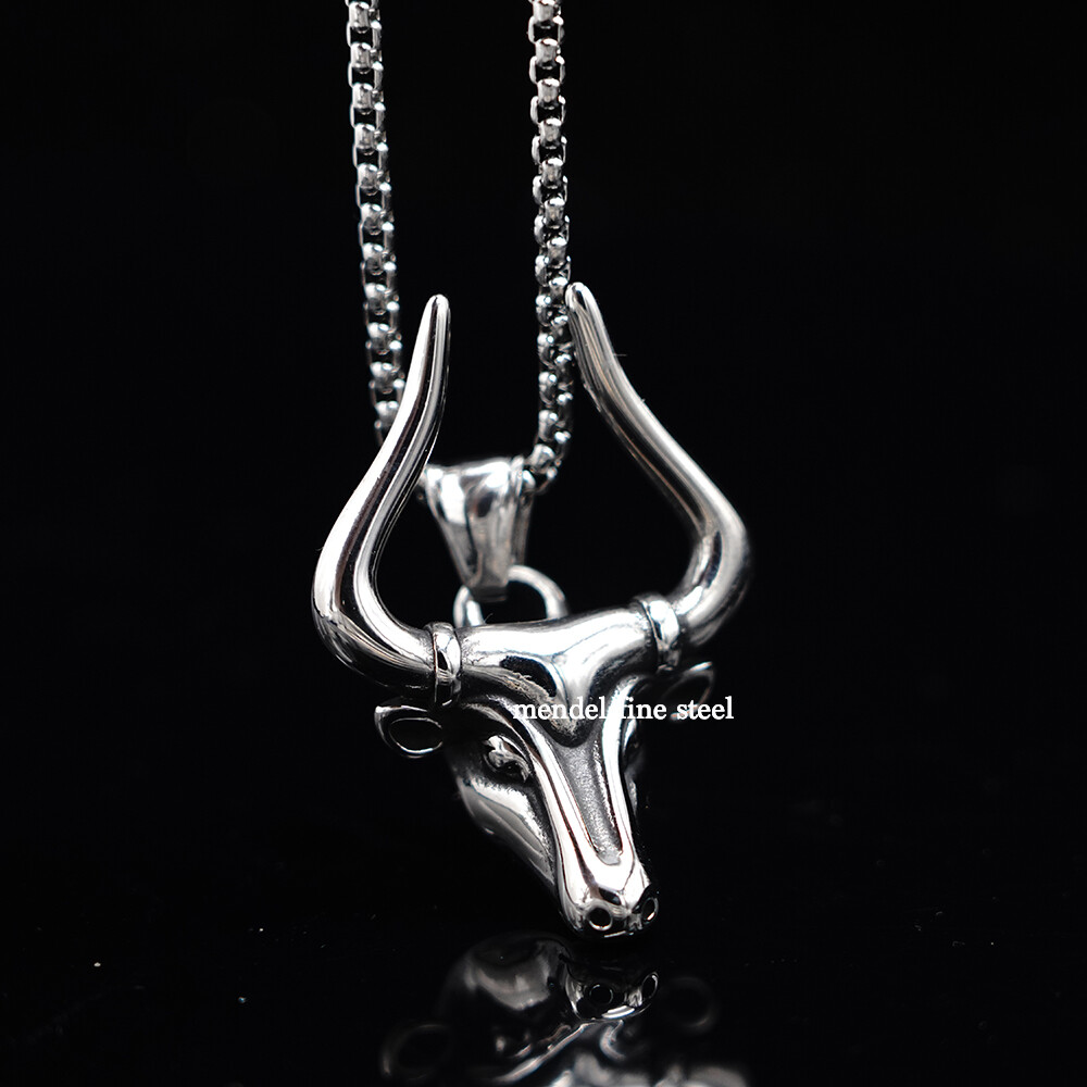 MENDEL Stainless Steel Boys Mens Animal Ox Bull Head Pendant Necklace For Men