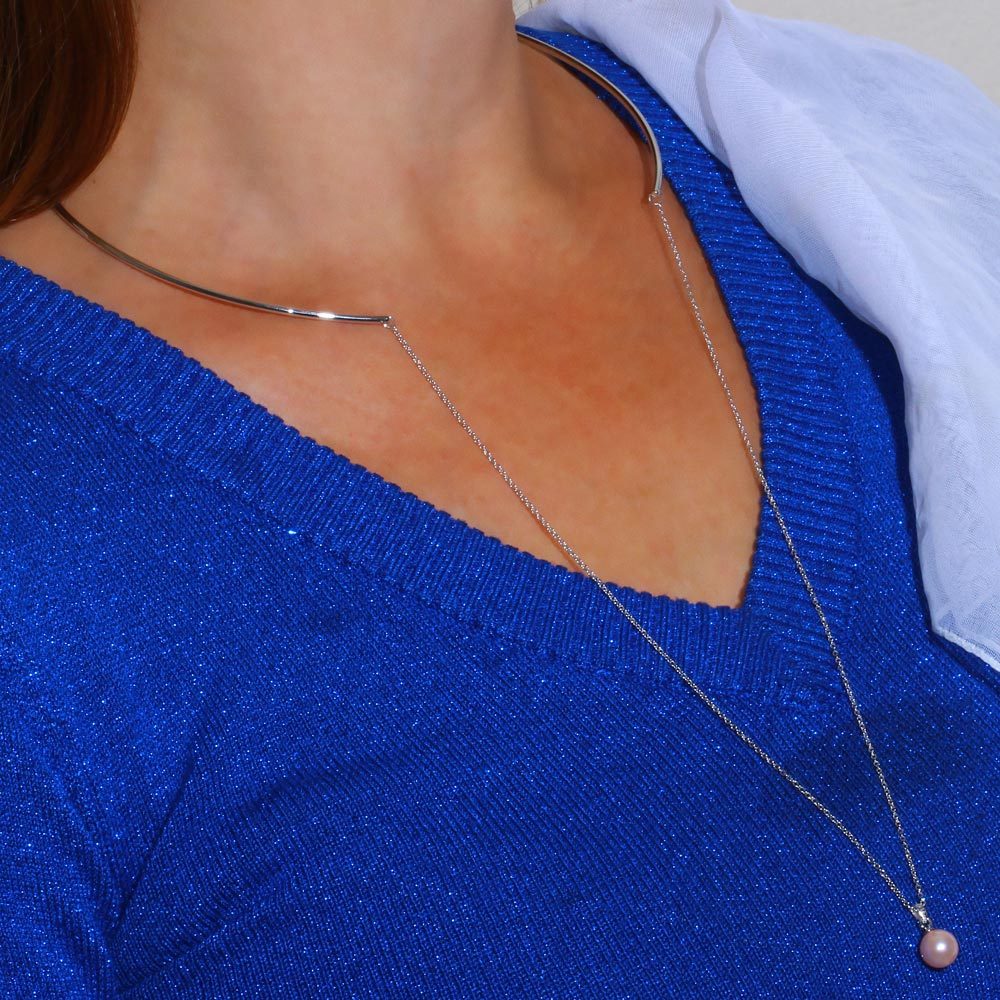 925 STERLING SILVER COLLAR NECKLACE W/ DROPPED PINK SIMULATED PEARL/
