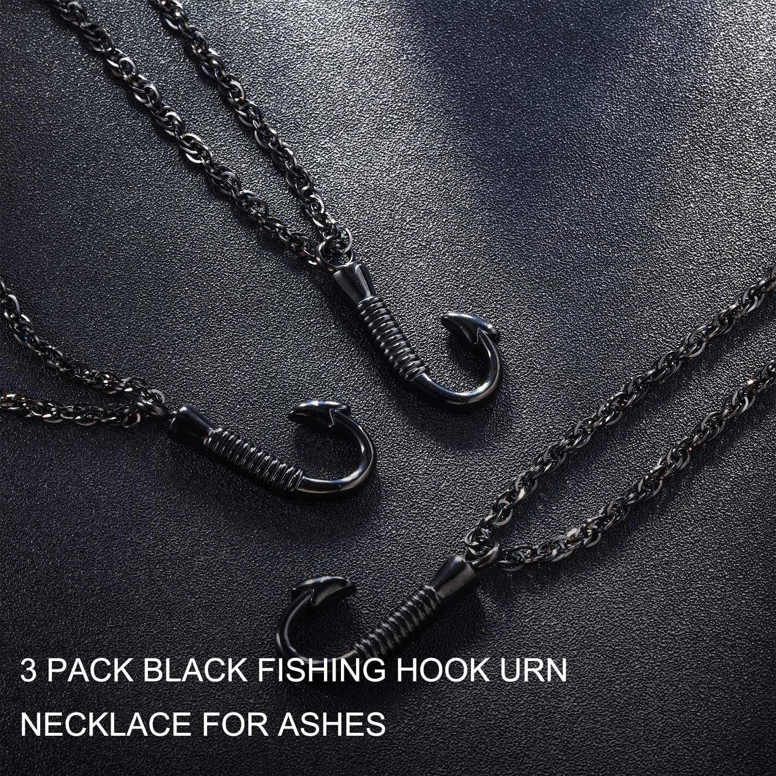 Set of 3 Fishing Hook Urn Necklace for Ashes Black Fish Hook Stainless Steel