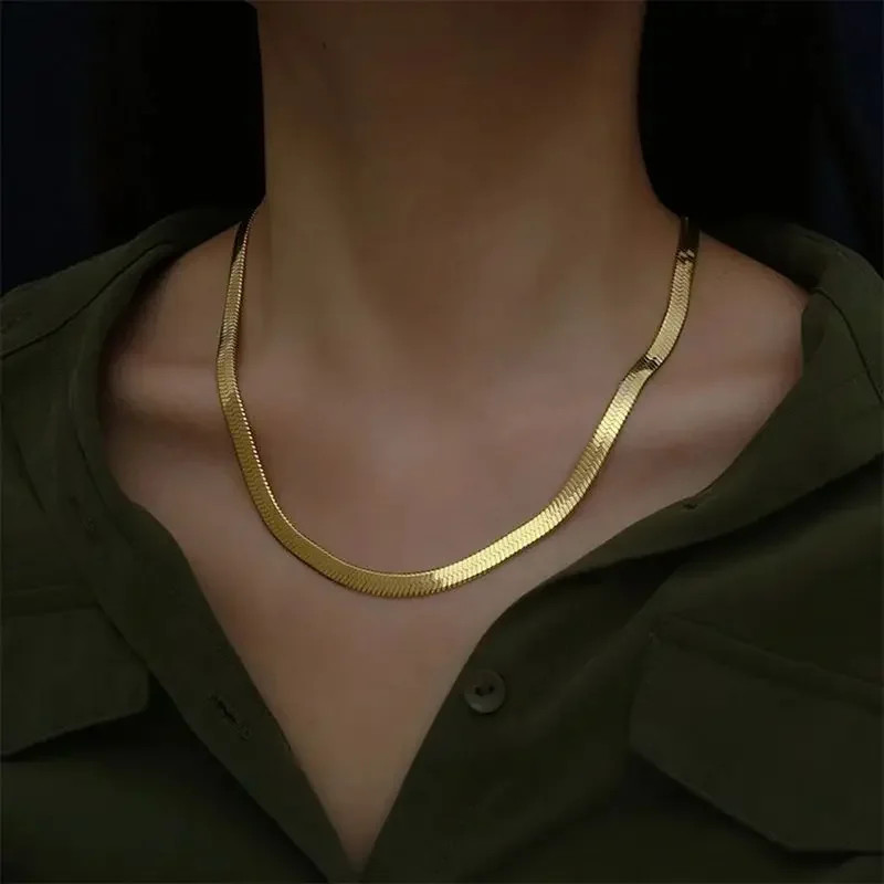 925 Sterling silver 18K Gold 4MM Flat chain Necklace for Women Luxury Fine Jewel