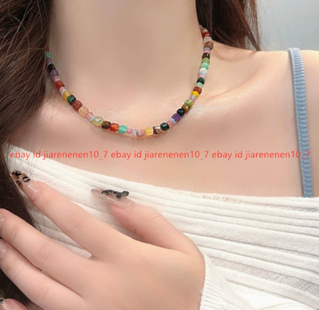 New Dopamine Turquoise Rainbow Sugar Bead Collarbone Chain 42cm+5cm