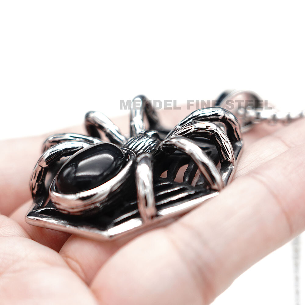 MENDEL Mens Womens Black Onyx Widow Spider Web Pendant Necklace Stainless Steel