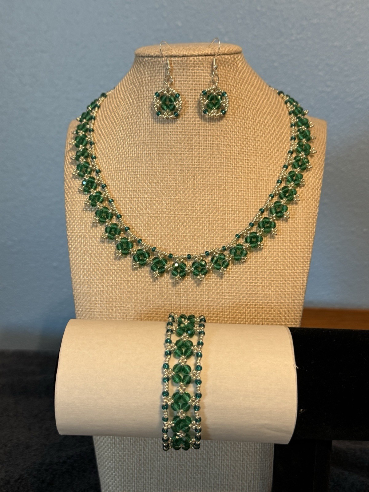 Handcrafted Green Round Crystal Beaded Necklace Bracelet Drop Earring Set