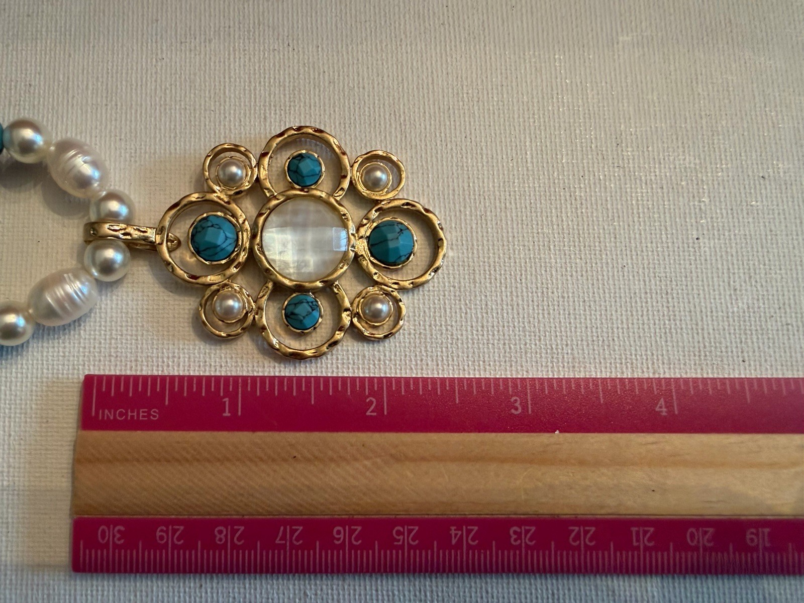 Lia Sophia Kiam Family Faux Turquoise Pearl Necklace 16-18” Gold Tone BinR