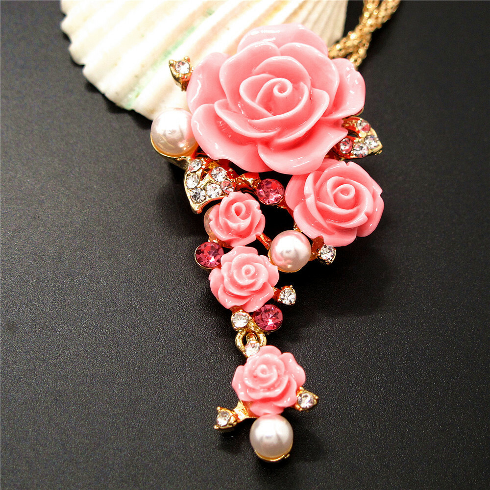 New Pink Acrylic Resin Pearl Rose Crystal Pendant Holiday gifts Necklace
