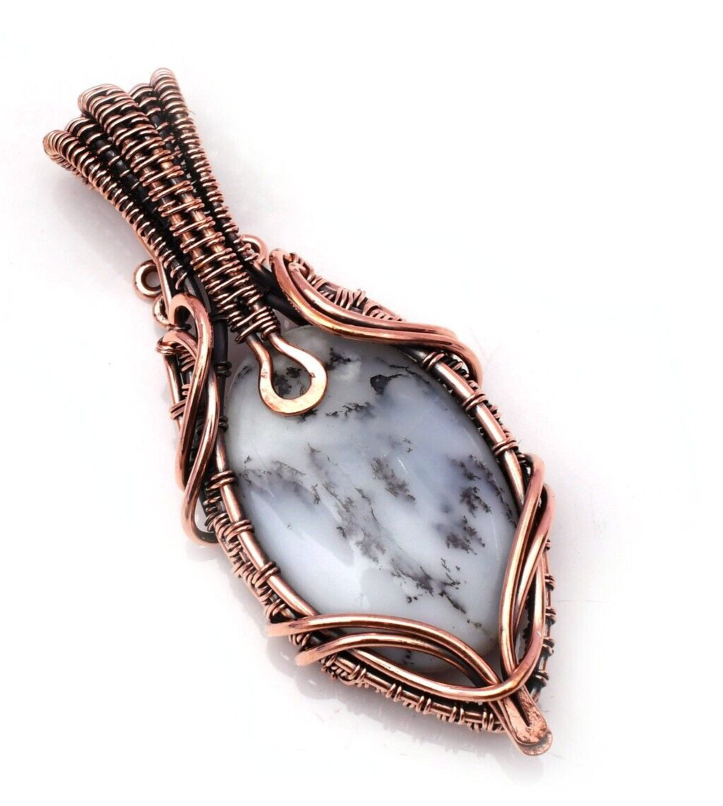 Dendrite Opal Pendant Copper Wire Wrapped Handmade Jewelry Pendant 2.15″