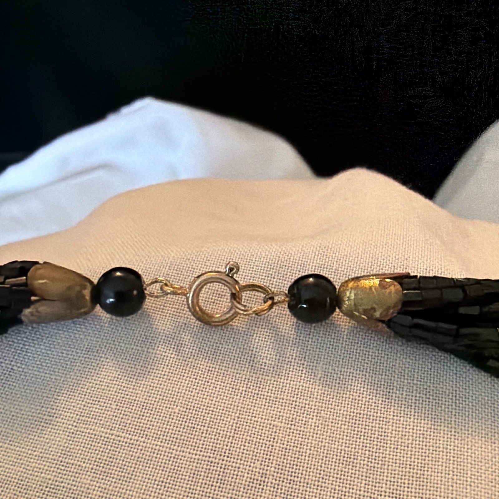 Black/Gold Tone Multi-Strand Layered Glass Beaded Necklace, Spring Ring