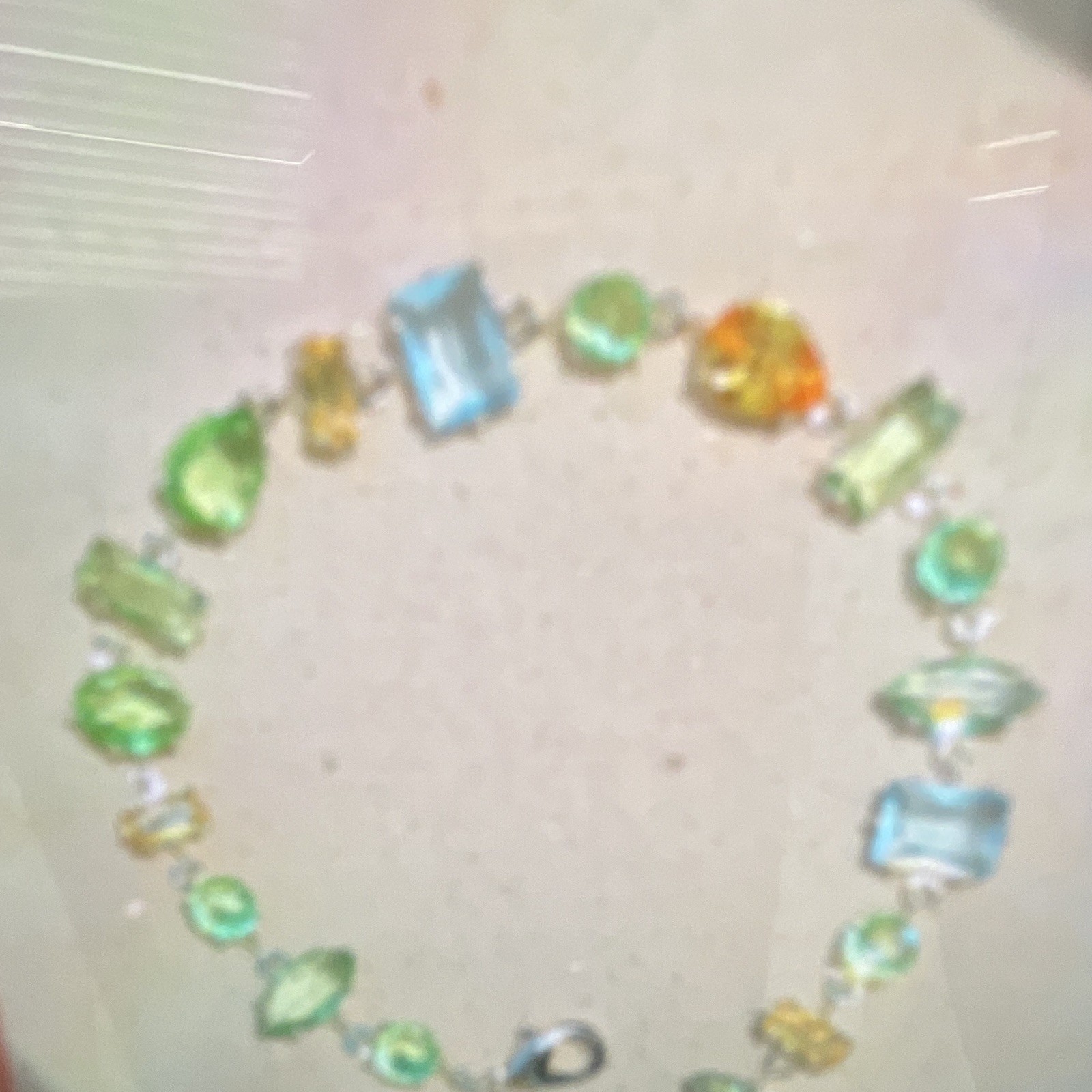 Multicolor Crystal Link Chain Necklace Yellow Gold Plated Cable Lobster Clasp