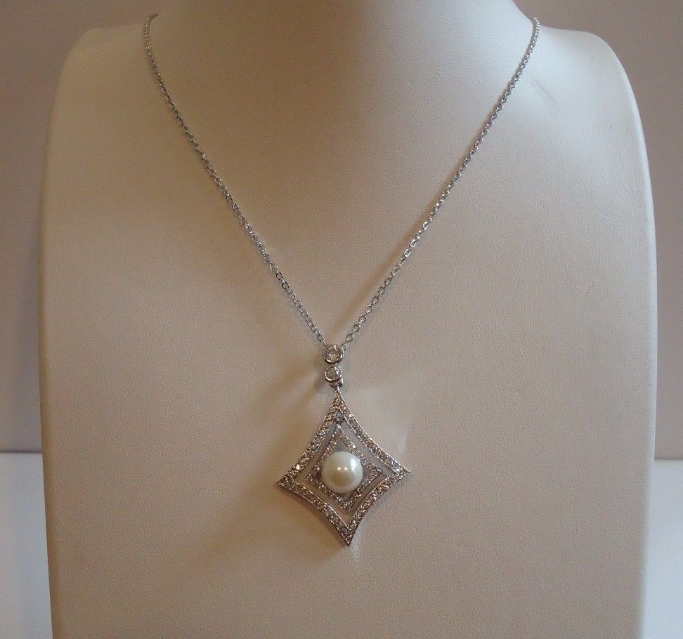 STERLING SILVER PEARL NECKLACE PENDANT 8MM PEARL & 2.50 CT SIMULATED DIAMOND