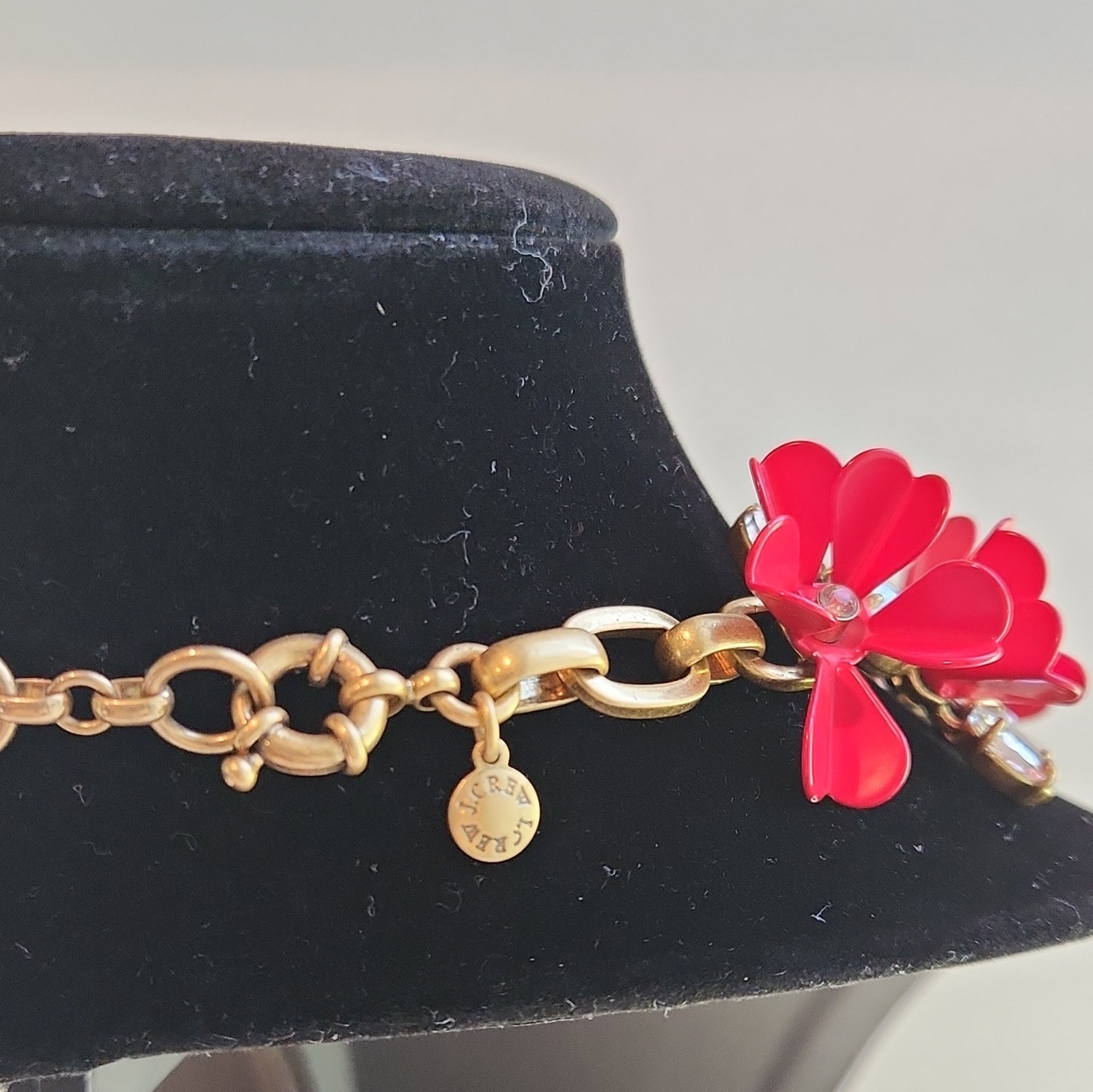J.CREW Signed Red Flower Collar Statement Necklace Crystal Rhinestone Lobster