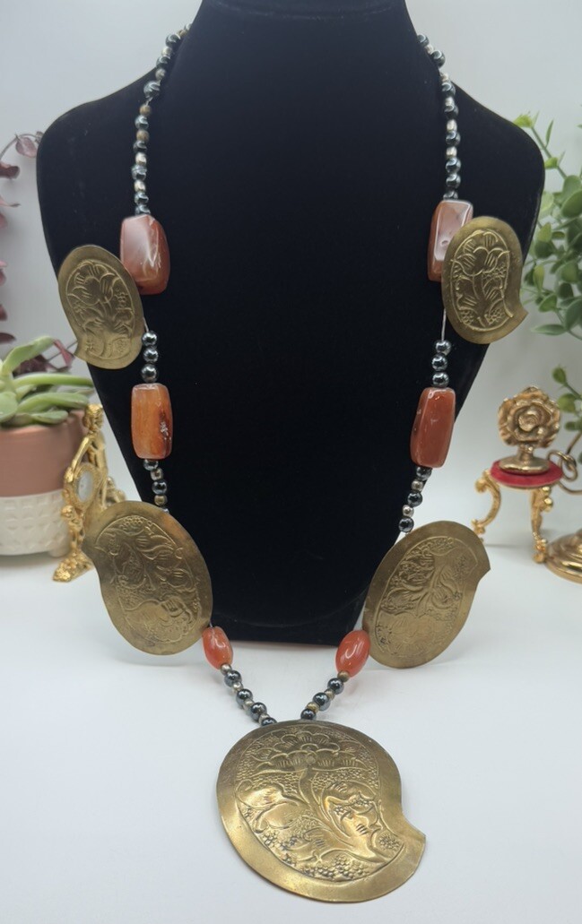 Vintage Boho Ethnic Mixed Metal Necklace Copper Brass Black Beads Statement 32”