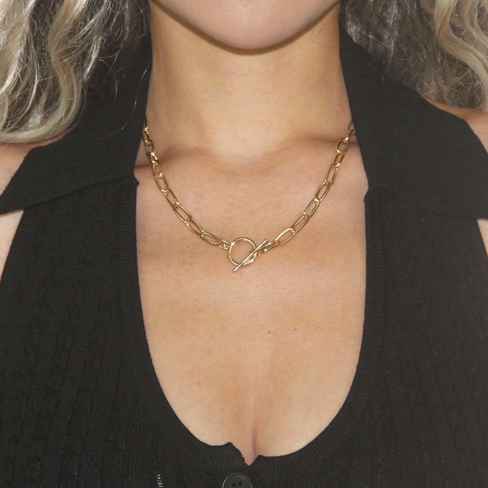 Toggle Necklace 14K Gold Plated Paperclip Chain Choker Stainless Steel Cable Nec