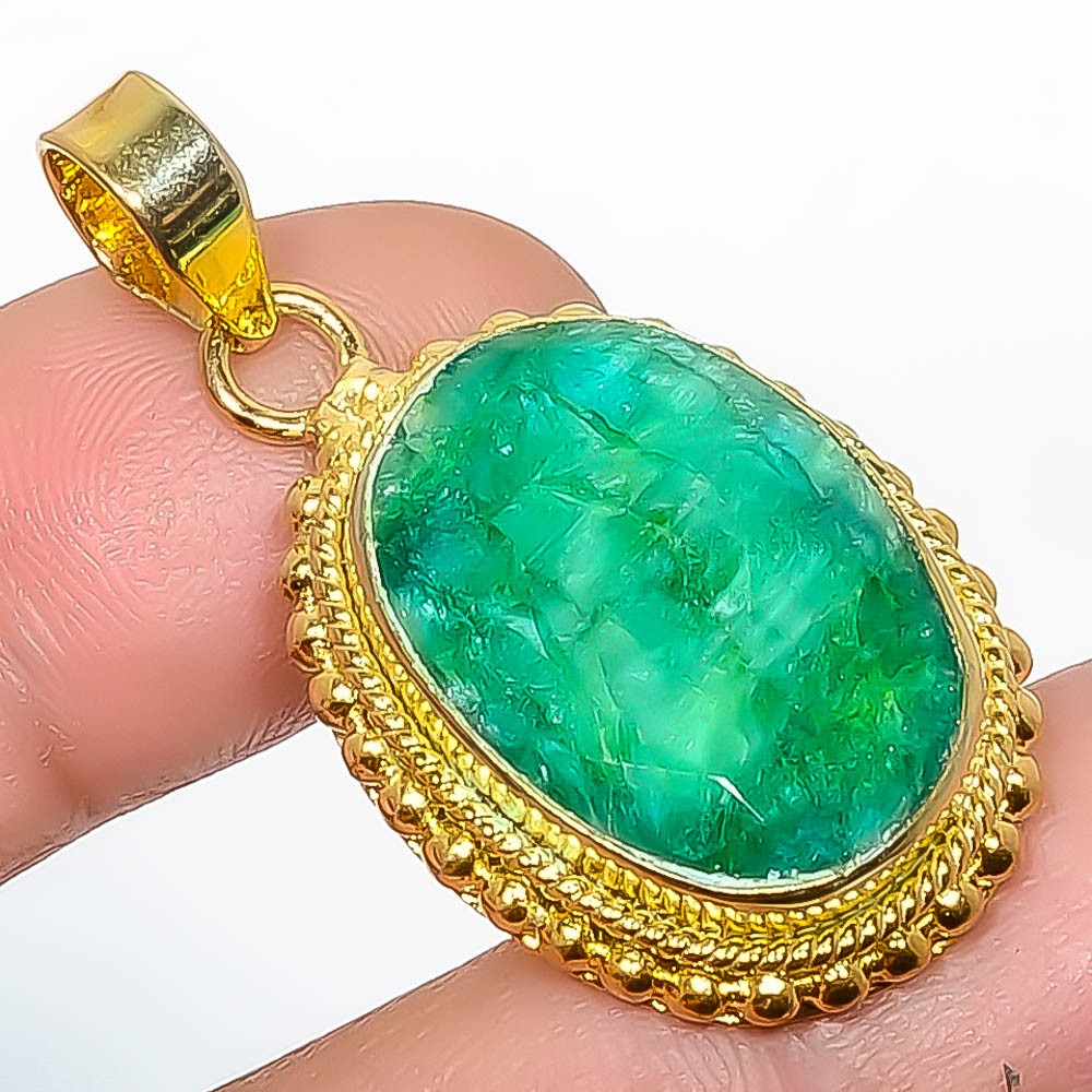 Emerald (Lab-Created) Gemstone 925 Silver Gold Plated Pendant 1.56″ P7622-190