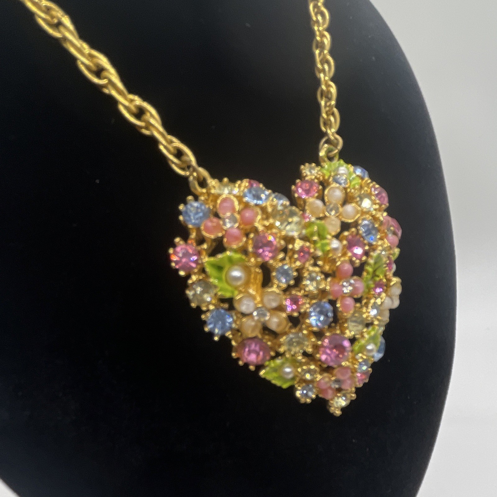 Vintage Arthur Pepper ART Floral Heart Rhinestone Necklace Signed Gold Tone