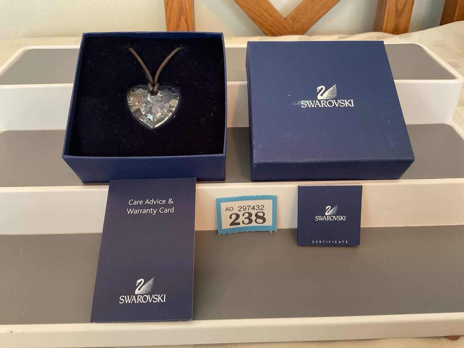 VINTAGE GENUINE SWAROVSKI CRYSTAL HEART PENDANT & LEATHER CHORD. BOXED (238/unit