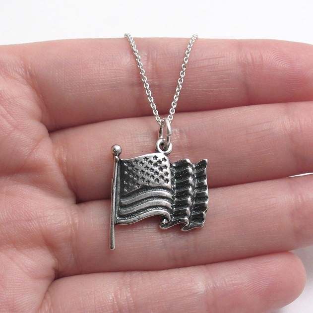 925 Sterling Silver American America USA US Flag Charm with Necklace