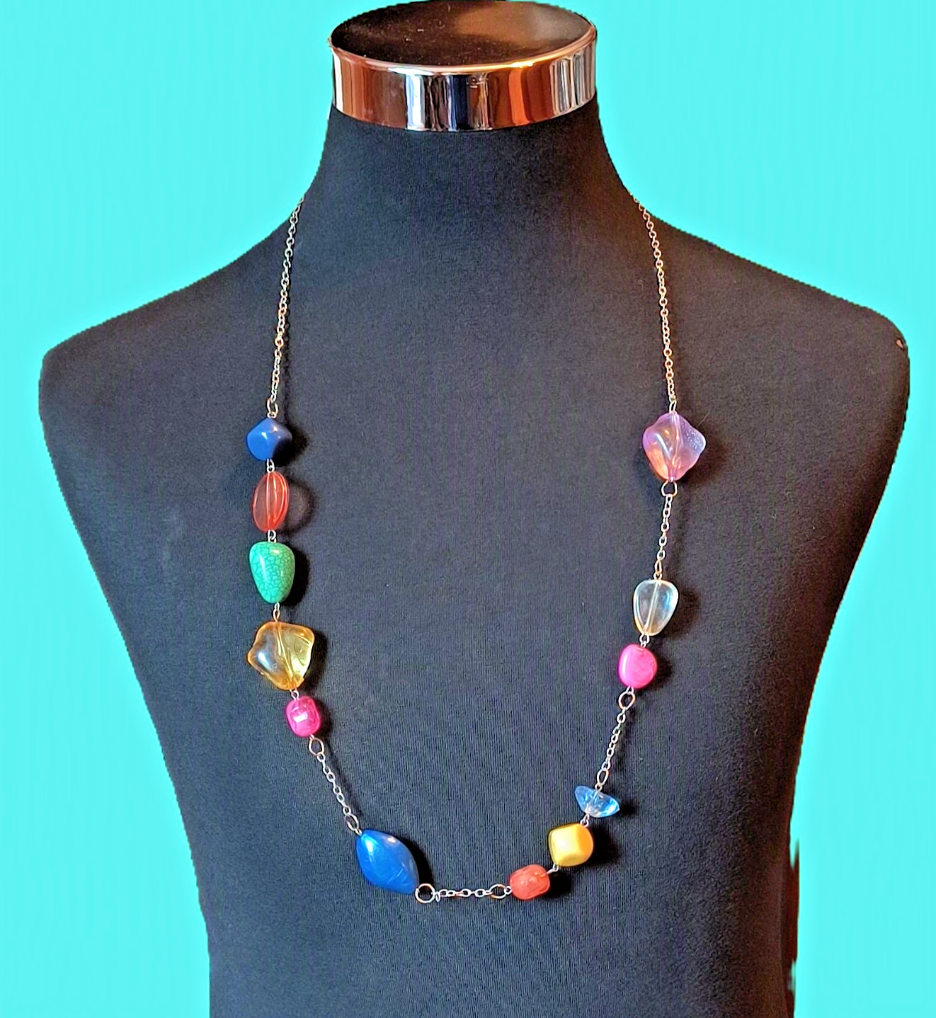 Multicolor Acrylic Beaded Statement Necklace Silvertone Chain