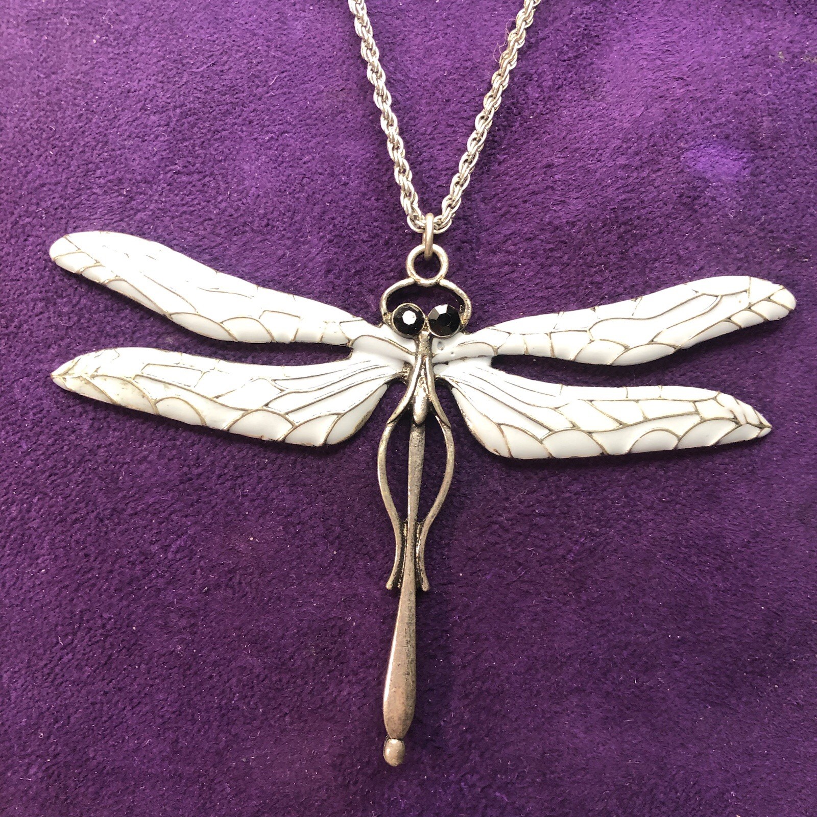 Dragonfly Enameled Necklace 3.75” Wide. 2 1/2” Long Silver Tone