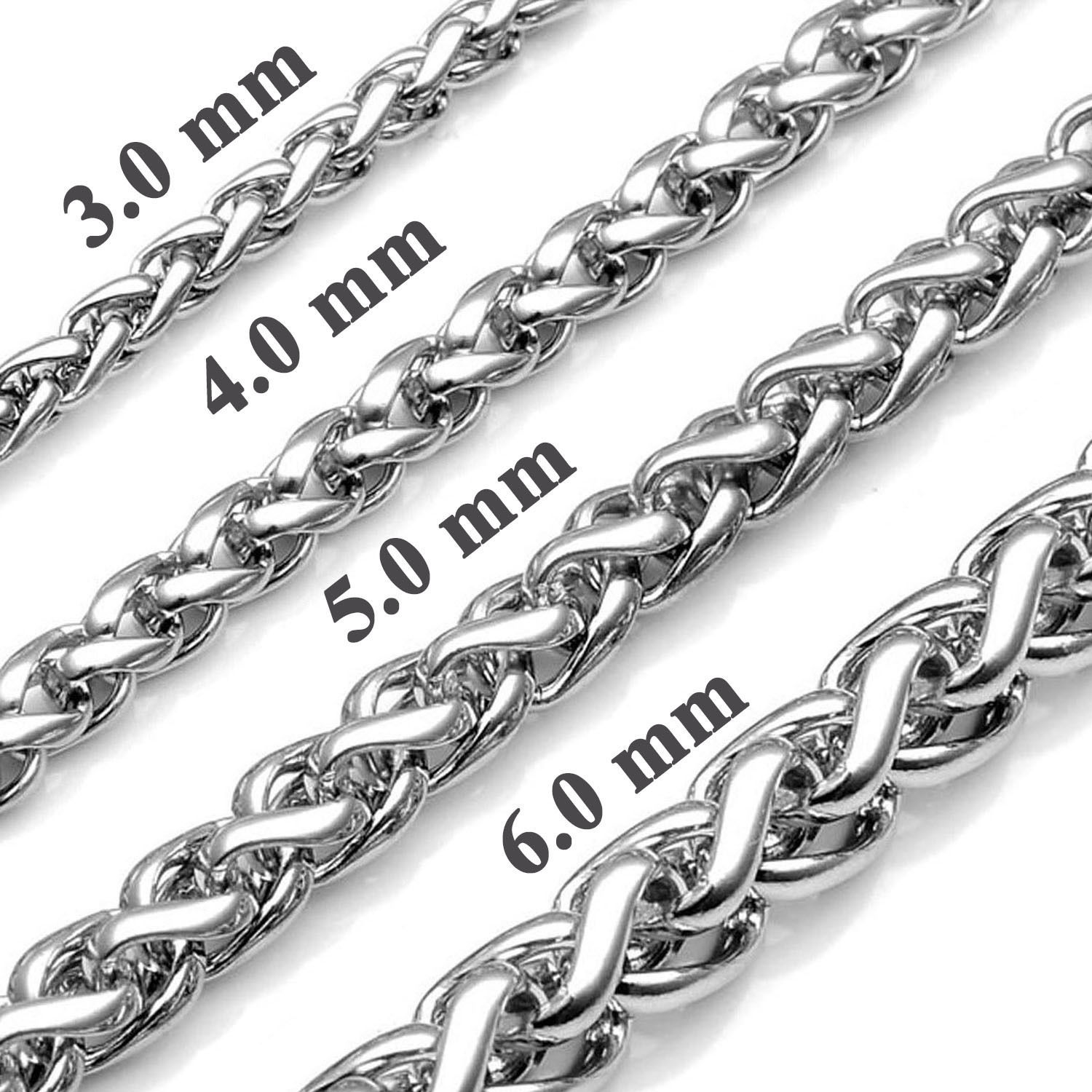 Men’s Women’s Stainless Steel Necklace Wheat Chain Link Silver Tone 3.0-6.0mm