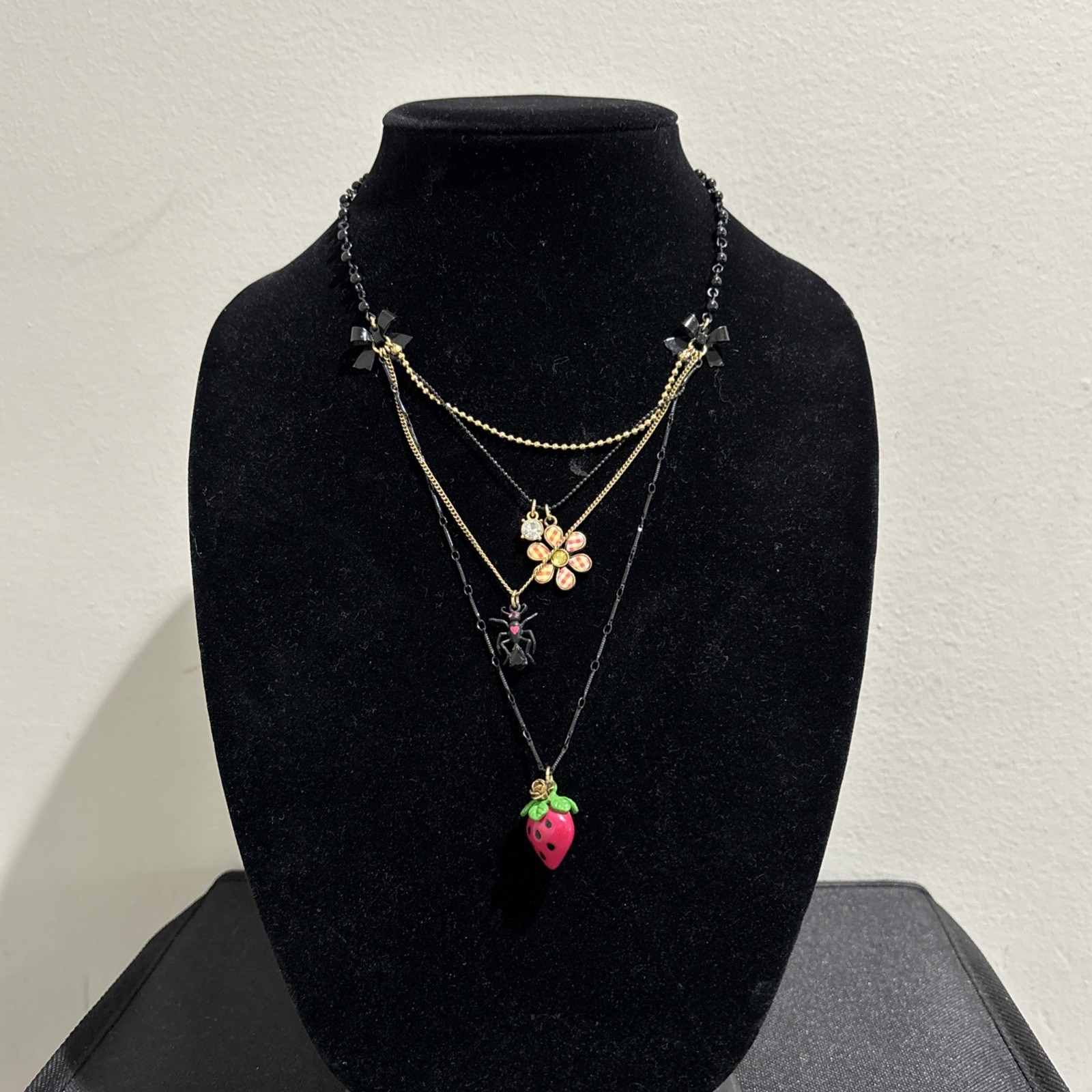 Vintage Betsey Johnson Layered Multi Charms Strawberry Spider Daisy Necklace