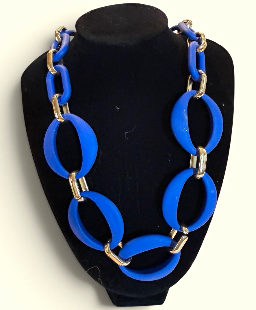 Blue Silver Oval Link Statement Chain Necklace, Plastic Metal, No Stone