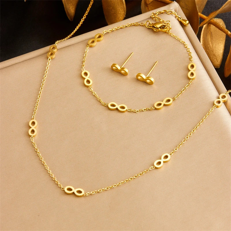 316L Stainless Steel Golden Infinite Necklace Bracelet Earrings Suit Women 2024