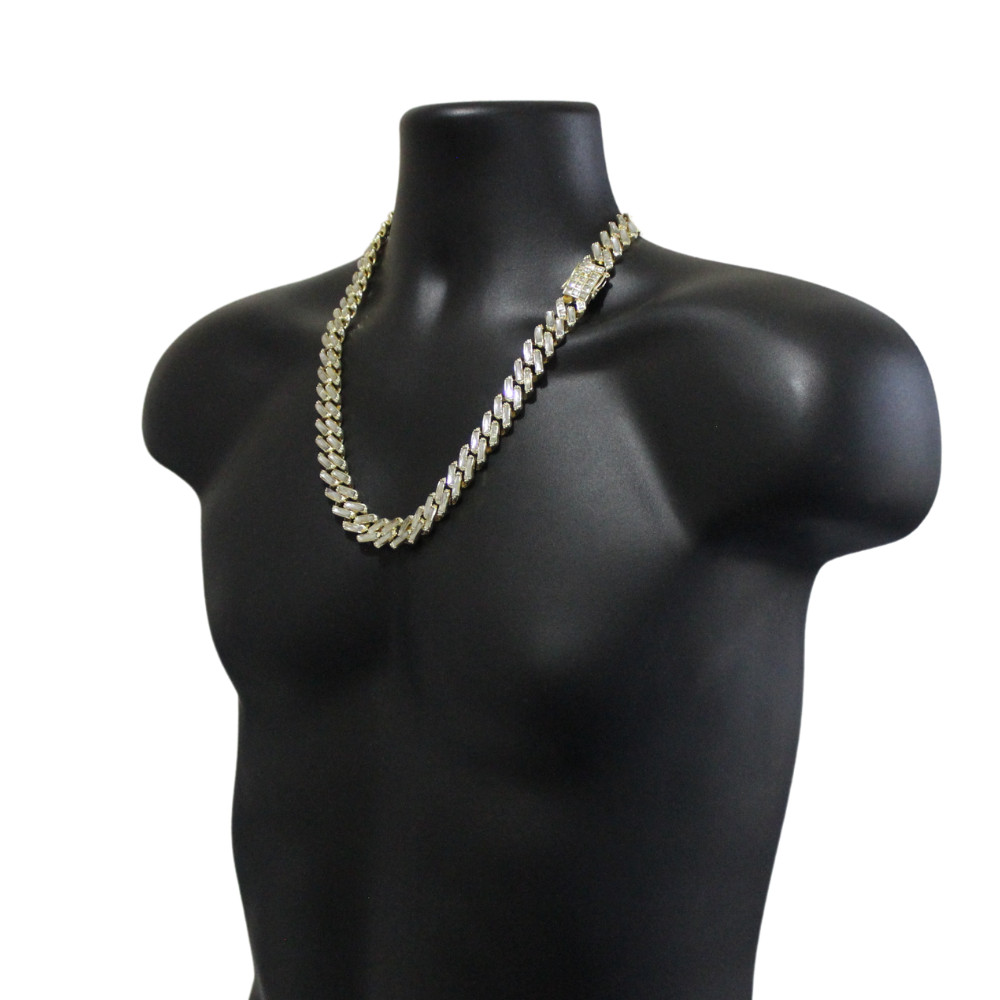 Mens 16mm Iced Baguette CZ Square Miami Cuban Link 14k Gold Plated Necklace