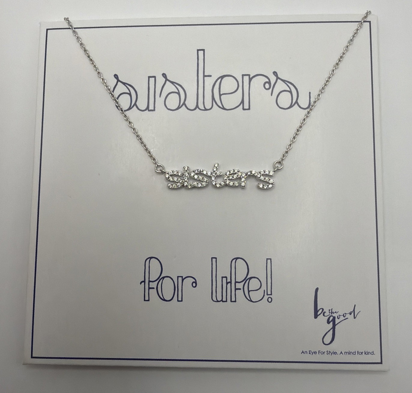 Sister Script Silver Tone Necklace Clear Rhinestone Adjustable 14” +3” Extender