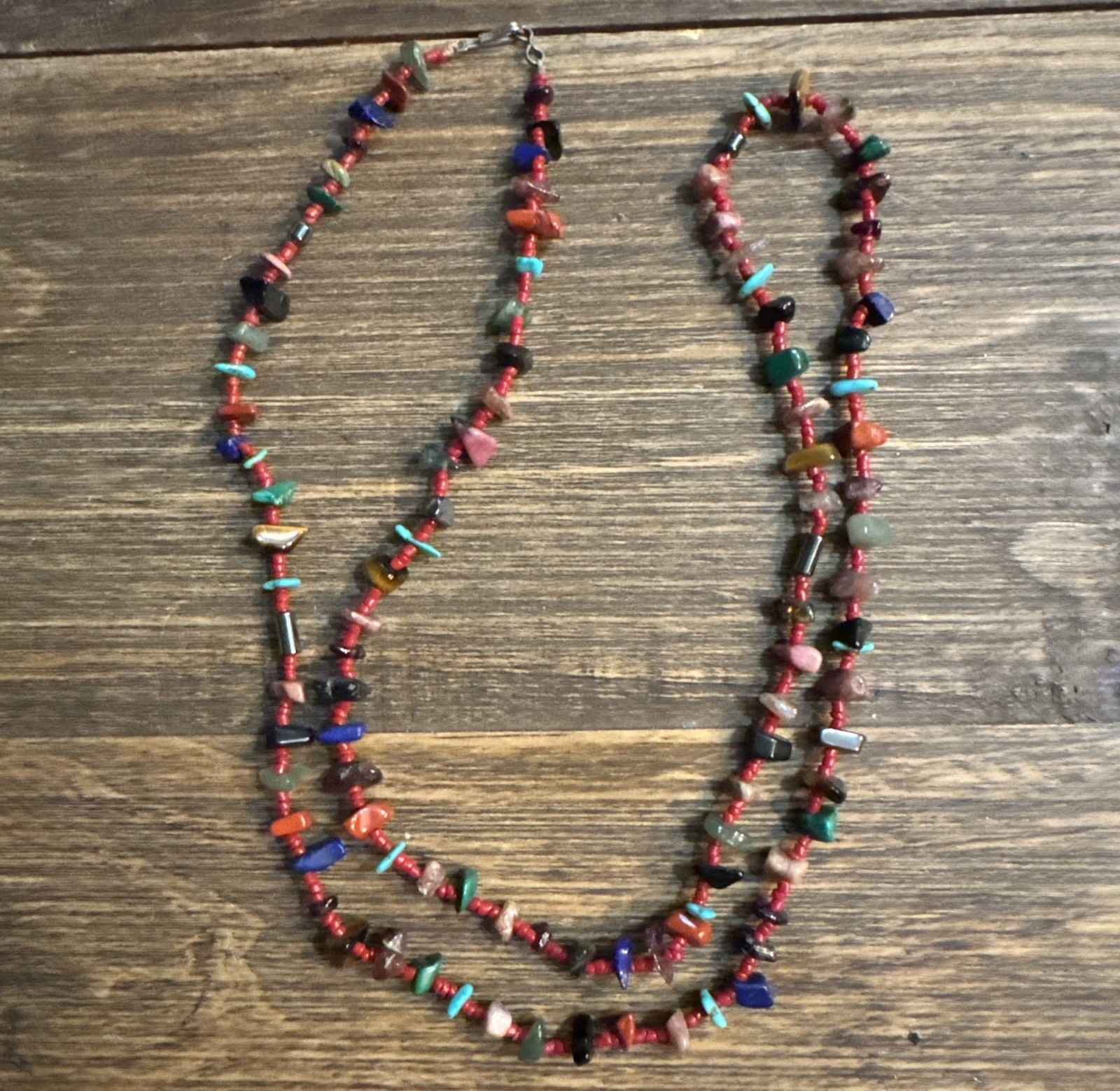 Gemstone Chip Stones Necklace Single Strand 34 Inches Hook Closure 41.6 Grams