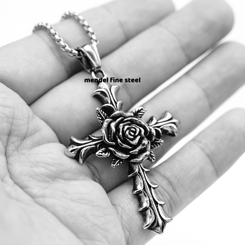 MENDEL Gothic Mens Womens Christian Rosicrucian Rose Cross Pedant Necklace Chain