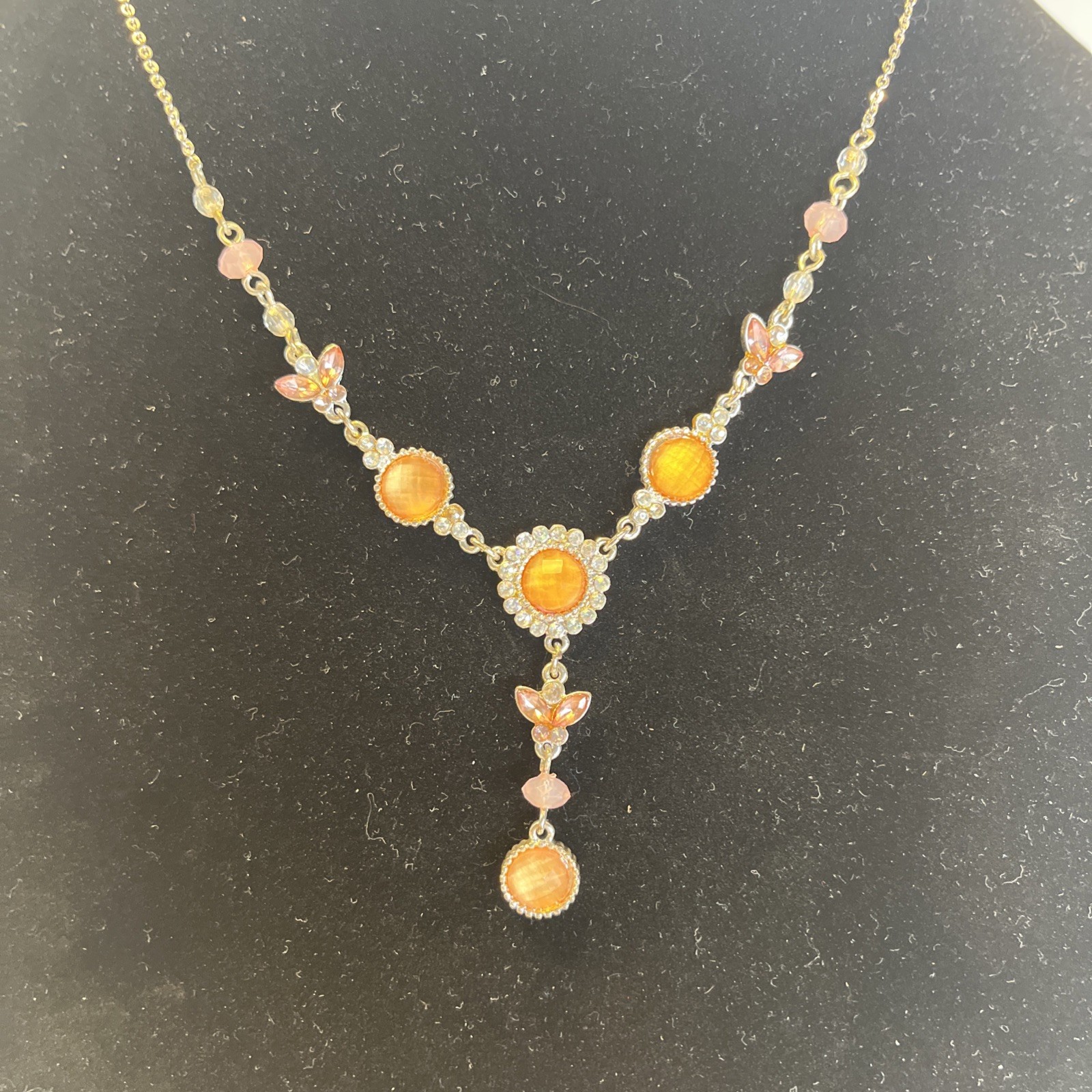 Y Drop Rhinestone Necklace Amber Topez Silver Tone Color Y2K