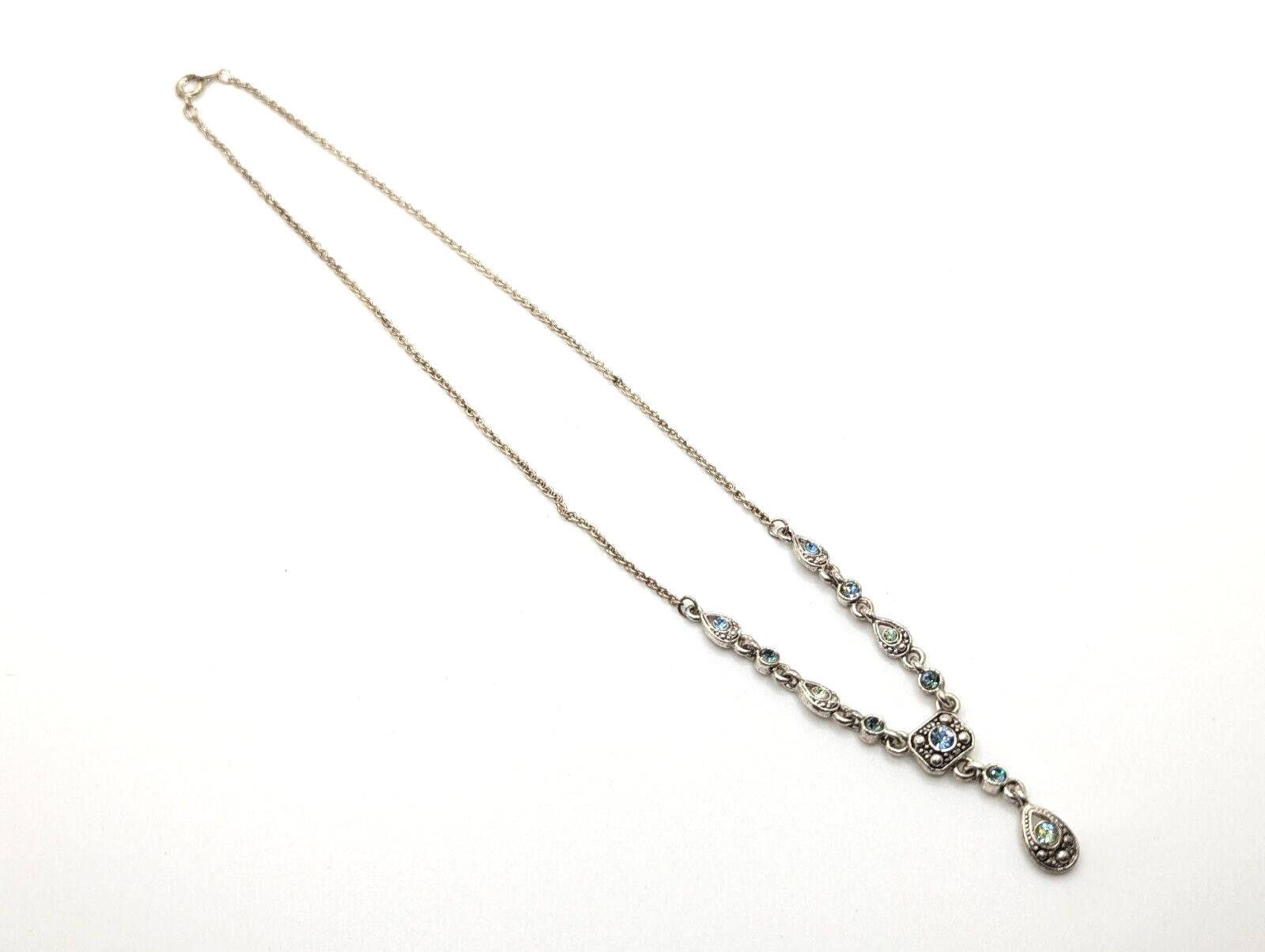 Vtg Trifari Blue Green Rhinestones Art Deco Silver Tone Y Drop Lariat Necklace
