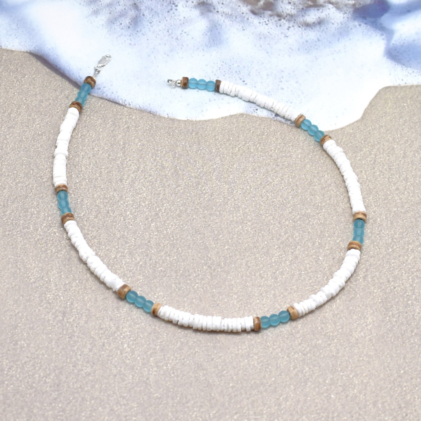 Charm Natural White Shell Blue Crystal Beads Necklace for Men Women Surf Choker