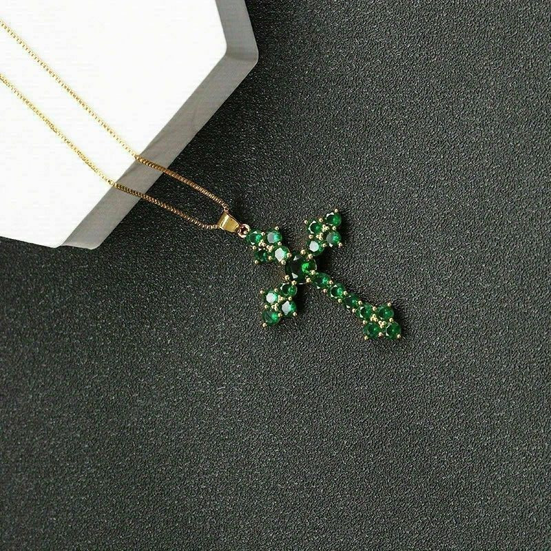 2Ct Round Cut Simulated Green Emerald Holy Cross Pendant 14K Yellow Gold Plated