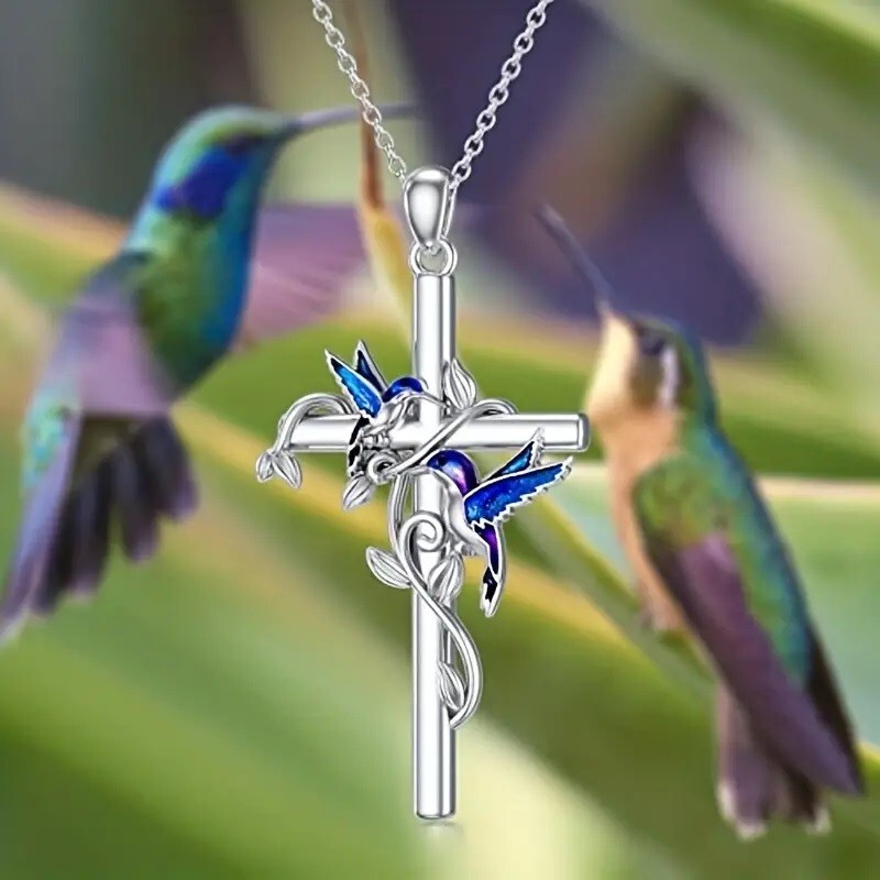 Elegant 925 Sterling Silver Cross Hummingbird Fashion Jewelry Pendant Necklace