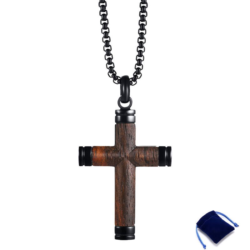 Cool Mens Boys Stainless Steel Natural Wood Cross Pendant Necklace Women Chain