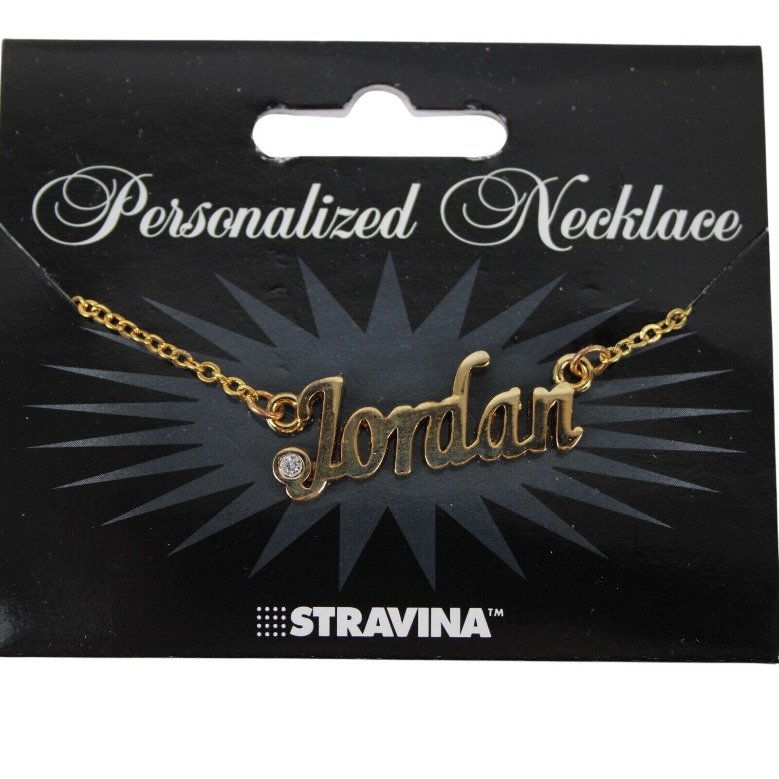 JORDAN Name Goldtone Rhinestone Accent 14.5″ w 4.5″ Multi Ring Ext Necklace