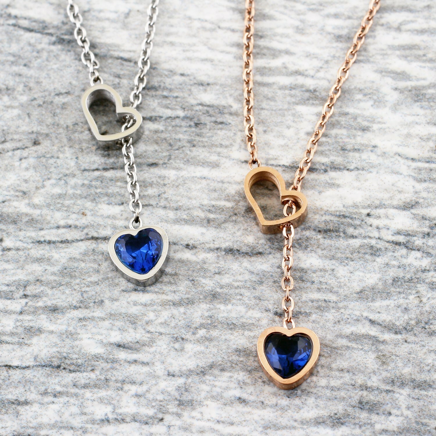 Stainless Steel Women’s Dual Heart Charm w/ Blue CZ Pendant & Necklace